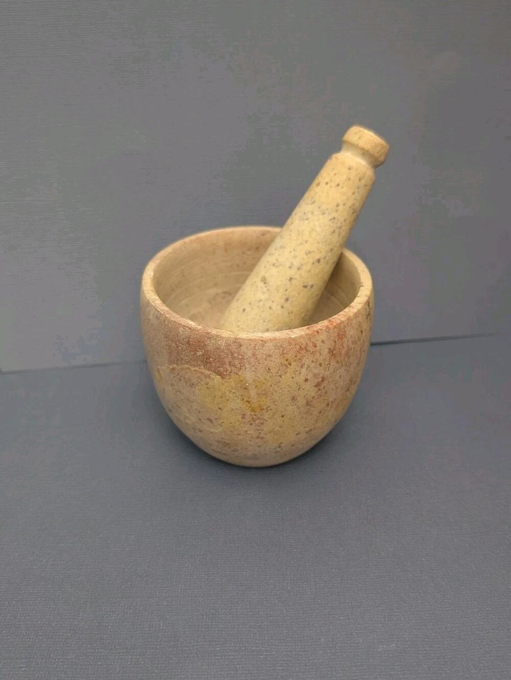 Mortar and Pestle Hand Crafted from variegated marble India 3.4 In Peach Gray